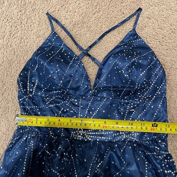 Womens Royal Blue V-neck Glitter Hi-cut Slit Prom Dress - Picture 5 of 11